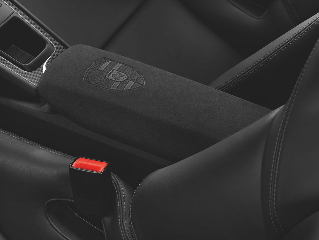 Porsche Center Console Armrest Cover in Alcantara w/ Porsche Crest